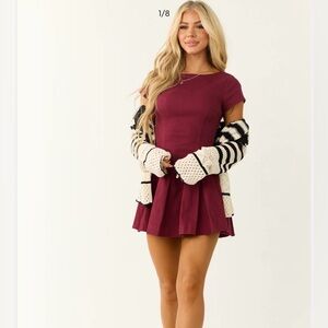 Wine Open Back Pleated Skirt Mini Dress